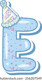 Happy Birthday English alphabet letter E in cute pastel coloring with a party hat