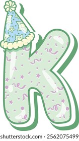 Happy Birthday English alphabet letter K in cute pastel coloring with a party hat