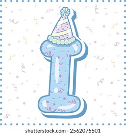 Happy Birthday English alphabet letter I in cute pastel coloring with a party hat