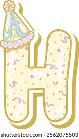 Happy Birthday English alphabet letter H in cute pastel coloring with a party hat