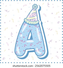 Happy Birthday English alphabet letter A in cute pastel coloring with a party hat