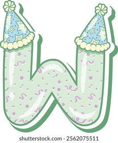 Happy Birthday English alphabet letter W in cute pastel coloring with a party hat