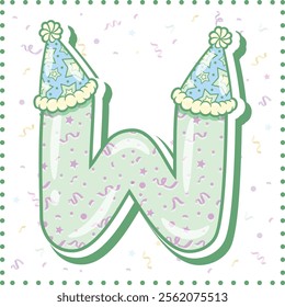 Happy Birthday English alphabet letter W in cute pastel coloring with a party hat