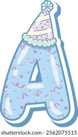 Happy Birthday English alphabet letter A in cute pastel coloring with a party hat