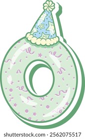 Happy Birthday English alphabet letter O in cute pastel coloring with a party hat