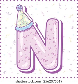 Happy Birthday English alphabet letter N in cute pastel coloring with a party hat