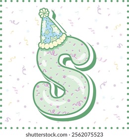 Happy Birthday English alphabet letter S in cute pastel coloring with a party hat