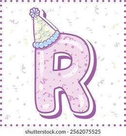 Happy Birthday English alphabet letter R in cute pastel coloring with a party hat