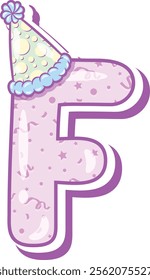 Happy Birthday English alphabet letter F in cute pastel coloring with a party hat