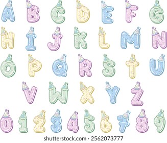 Happy Birthday English alphabet letters set with numbers in cute pastel coloring with a party hat