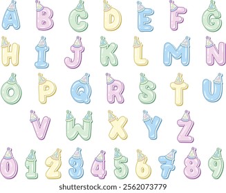 Happy Birthday English alphabet letters set with numbers in cute pastel coloring with a party hat