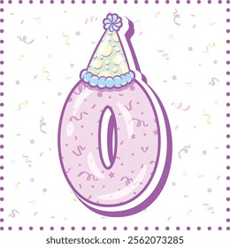 Happy Birthday English number 0 in cute pastel coloring with a party hat