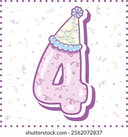 Happy Birthday English number 4 in cute pastel coloring with a party hat