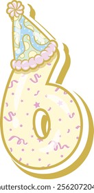 Happy Birthday English number 6 in cute pastel coloring with a party hat