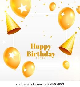 happy birthday eve invitation card with realistic golden balloons and hat vector