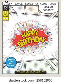 Happy birthday. Explosion in comic style with lettering and realistic puffs smoke.  3D pop art speech bubble. Vector graphics CMYK