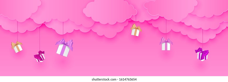 Happy birthday with falling gift box in the sky in paper cut style. Digital craft paper art. Vector illustration pink color paper style