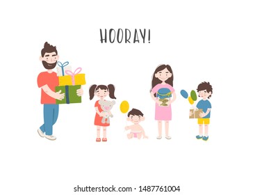 Happy birthday. Family congratulates the child and gives him a gift. Vector flat design illustration.