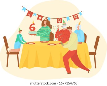Happy birthday family and kid, number six letter cake decoration, people at celebration, grandfather, grandmother, father, mother and child cartoon vector illustration. Birthday family party.