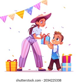 Happy birthday, family party celebration, mother give gift to little cheerful boy on festive background with colorful confetti, garlands and present boxes, mom congrats kid Cartoon vector illustration