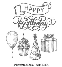 Happy birthday fancy vintage hand lettering, ink calligraphy, vector type design, with ribbon and present box with bow, balloon, cupcake and cap isolated on white background. 