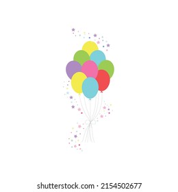 Happy birthday feast, birthday party, many colorful balloons, flat vector illustration and icons