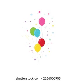 Happy birthday feast, birthday party, many colorful balloons, flat vector illustration and icons