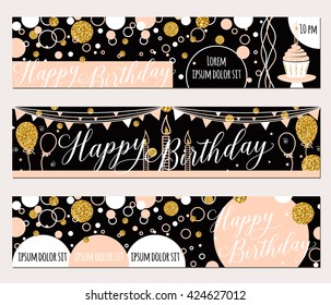 Happy birthday felicitation horizontal banner set with gold sparkle round, balloon. Vector typography hand draw lettering illustration for celebrating date birth