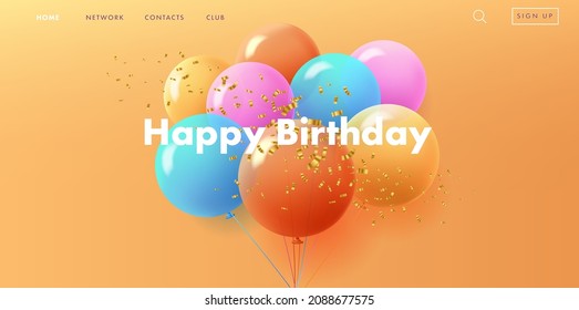 Felices fiestas de cumpleaños con un montón de globos redondos coloridos y confeti dorado, banner web