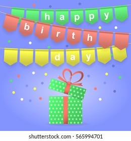 Happy birthday. Festive background with colorful flags. Holiday, celebration party. Vector illustration
