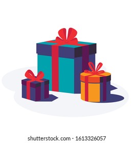 Happy Birthday festive background. Party and celebration elements for greeting card. Colorful gift boxes with ribbon and bow isolated on white background. Stock vector illustration.