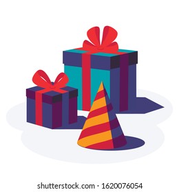 Happy Birthday festive background. Party and celebration elements for greeting card. Gift boxes with ribbon and bow, party hat isolated on white background. Stock vector illustration.