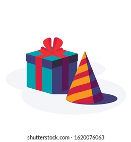 Happy Birthday festive background. Party and celebration elements for greeting card. Gift box with ribbon and bow and party hat isolated on white background. Stock vector illustration.