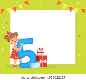 Happy Birthday Festive Card with Girl in Birthday Hat Holding Five Number Vector Illustration