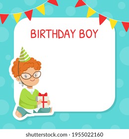 Happy Birthday Festive Card with Redhead Boy in Birthday Hat Sitting with Wrapped Gift Box Vector Illustration