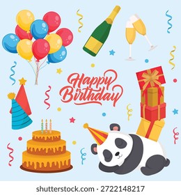 Happy birthday festive elements with balloons presents cake confetti champagne and party cones for joyful celebration design