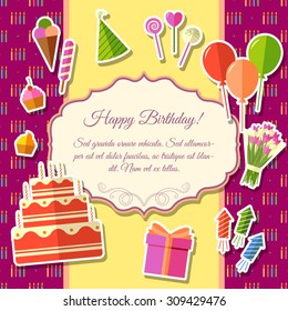 Happy birthday festive elements on pink background poster in sticker style design. Vector illustration template card illustration concept 