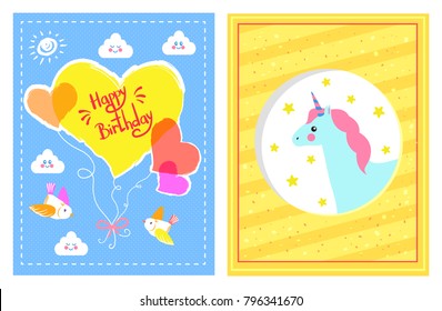 Happy birthday festive posters vector illustration of celebration cards with colorful hearts, birds and clouds, sun and unicorn with lot of stars
