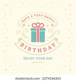 Happy birthday festive present vintage ribbon greeting card typographic template vector flat illustration. Birth anniversary holiday celebration congratulations old fashioned dot star ornament design