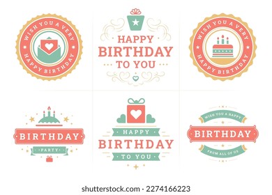 Happy birthday festive red green vintage label and badge set for greeting card design vector flat illustration. Birth anniversary congratulations emblem cake with candles gift box love letter ornate