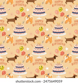 Happy Birthday festive seamless pattern in retro 90s style with cute hand-drawn dogs in hats with cake, presents and balloons. Bright vector template for cover, package, invitation, greeting cards.