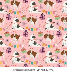 Happy Birthday festive seamless pattern in hand-drawn style with cute dogs, presents and bunting garland. Bright vector template for cover, package, invitation, greeting cards.