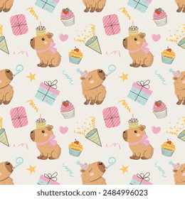 Happy Birthday festive seamless pattern in hand-drawn style with cute capybaras with cake, gifts, cupcakes and confetti. Bright vector template for cover, package, invitation, greeting cards.