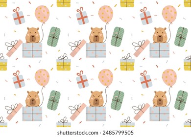 Happy Birthday festive seamless pattern in hand-drawn style. Cute capybara with balloon is sitting in gift box. Bright vector template for cover, package, invitation, greeting card.