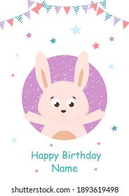 Happy birthday. Festive vector postcard with the image of a cheerful waving hare, designed for congratulations in the form of printing