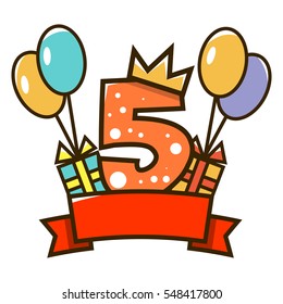 Happy birthday. Figure one with a red ribbon, gifts and colorful balloons. The design of the cards. Vector illustration isolated on white background.