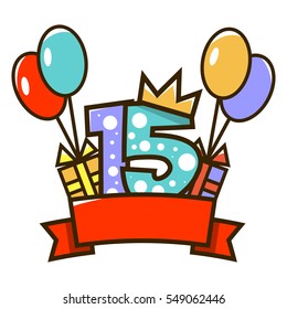 Happy birthday. Figure one with a red ribbon, gifts and colorful balloons. The design of the cards. Vector illustration isolated on white background.