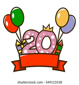 Happy birthday. Figure one with a red ribbon, gifts and colorful balloons. The design of the cards. Vector illustration isolated on white background.