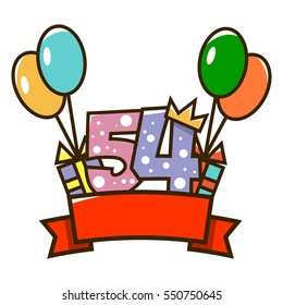 Happy birthday. Figure one with a red ribbon, gifts and colorful balloons. The design of the cards. Vector illustration isolated on white background.