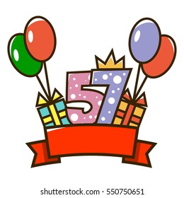 Happy birthday. Figure one with a red ribbon, gifts and colorful balloons. The design of the cards. Vector illustration isolated on white background.